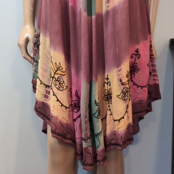 India Boutique Tie Dye Rayon Dress Umbrella Cover Up Embroidered Sleeveless O/S - Picture 7 of 16